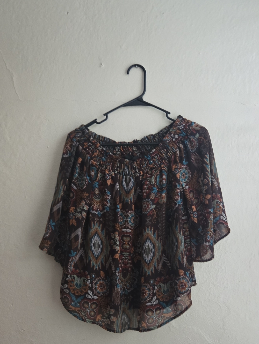 Shyanne Brown Floral Geometric Off-Shoulder Blouse with Teal Accents